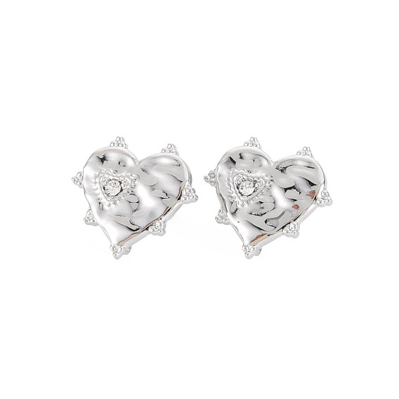 304 Stainless Steel Stud Earring Findings, with Ear Nuts, Loop and Crystal Rhinestone, Heart
