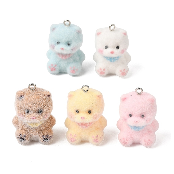 Flocking Opaque Resin Pendants, Bear Charm, with Platinum Iron Loops