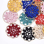 Polycotton(Polyester Cotton) Woven Pendant Decorations, with Brass Findings, Flat Round with Flower, Light Gold