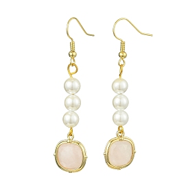 Shell Pearl & Natural Rose Quartz Dangle Earrings, with 304 Stainless Steel Earring Hooks, Golden, Oval