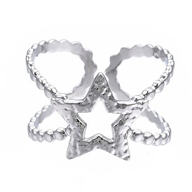 304 Stainless Steel Star Open Cuff Ring, Chunky Hollow Ring for Women