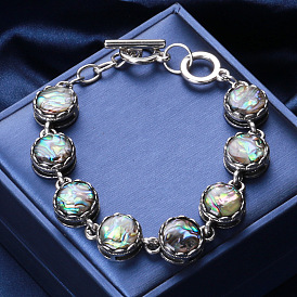 Vintage Style Abalone Shell Bracelet with Adjustable Triple Ring Clasp.