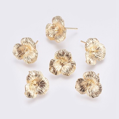 Brass Stud Earrings Findings, with Loop, For Half Drilled Beads, Real 18K Gold Plated, Long-Lasting Plated, Flower, Nickel Free