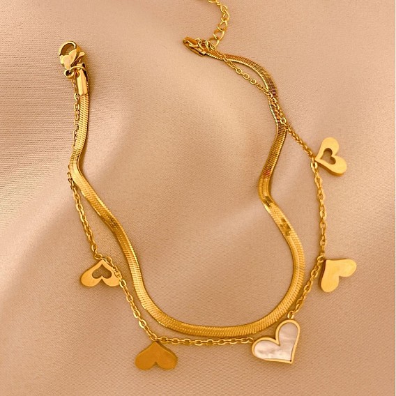 Кисточка в форме сердца 304 двухслойные браслеты на ногу из нержавеющей стали с натуральным белым ракушечным узором для женщин