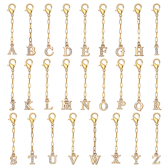 26Pcs Alloy Rhinestone Pendant Decorations, Letter, with 304 Stainless Steel Chain and Alloy Lobster Claw Clasps
