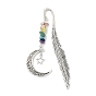 Alloy Feather Bookmark with Moon & Star, Gemstone Chip Beaded Pendant Bookmark