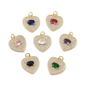 Heart Brass Micro Pave Cubic Zirconia Pendants, with Jump Rings, Cadmium Free & Nickel Free & Lead Free, Real 18K Gold Plated