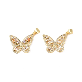 Brass Micro Pave Cubic Zirconia Pendants, with Glass, Real 18K Gold Plated, Butterfly