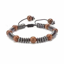 Bracelet en bois de wengé naturel et perles tressées en hématite synthétique, bracelet yogo réglable pour femme