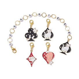 5Pcs Cat & Playing Card Alloy Enamel Knitting Row Counter Chains & Locking Stitch Markers Kits