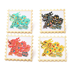 Wavy Rectangle with Dragon Enamel Pins, Light Gold Plated Alloy Brooch, Chinese Style Zodiac Sign Badge