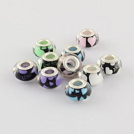 Large Hole Heart Pattern Resin European Beads with Silver Color Plated Brass Double Cores, Rondelle, 14x9mm, Hole: 5mm
