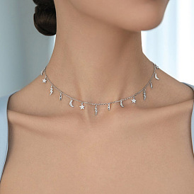 925 Sterling Silver Star Moon Lightning Bolt Tassel Bib Necklaces for Women