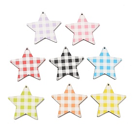 MDF Double-faced Printed Big Pendants, Star with Tartan Pattern Charms