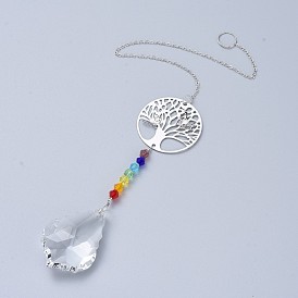 Cristal lustre suncatchers prismes chakra pendentif suspendu, avec des chaînes de câble de fer, perles de verre et pendentifs en laiton, plat rond avec arbre et larme