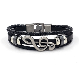 Cowhide Leather Braided Cords Triple Layer Multi-strand Bracelet, Musical Note Link Bracelet for Men