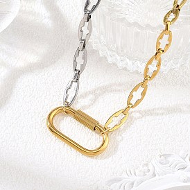 Duo Tone 304 Stainless Steel Hollow Cross Link Chain Necklaces for Women, with 304 Stainless Steel Locking Carabiners