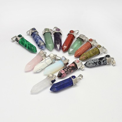 Bullet Gemstone Pointed Pendants, Dyed, with Polymer Clay Rhinestone & Platinum Tone Brass Findings, 35~40x10mm, Hole: 7x5mm