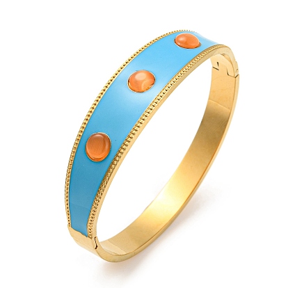 Deep Sky Blue Enamel Bangles with Glass Beaded, Ion Plating(IP) 304 Stainless Steel Rhombus Bangle for Women