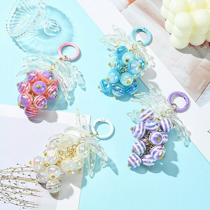 Resin Beaded Keychains, with Acrylic Pendant and Spray Painted Alloy Spring Gate Rings, Leaf