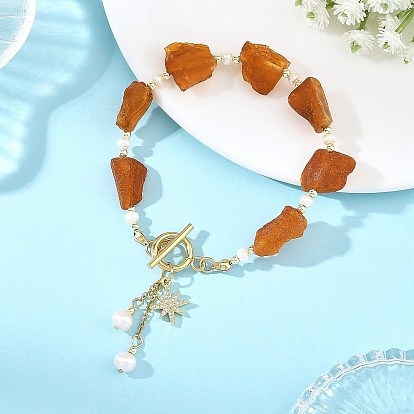 Brass Micro Pave Clear Cubic Zirconia Star Charm Bracelets, Nuggets Natural Amber & Natural Cultured Freshwater Pearl Beaded Bracelets with OT Clasps, Golden