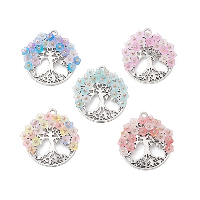 Подвески из сплава , с акриловыми и стеклянными бусинами, плоские круглые с дерева жизни