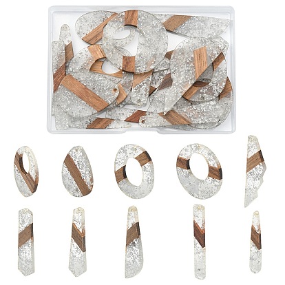 20Pcs 10 Styles Transparent Resin & Walnut Wood Big Pendants, Geometric Charms, with Silver Foil, Teardrop & Hexagon & Donut, Mixed Shapes