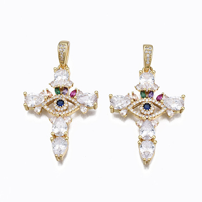 Brass Micro Pave Clear Cubic Zirconia Pendants, Nickel free, Cross with Eye