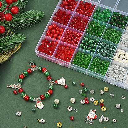 DIY Christmas Bracelet Making Kit, Including Glass & Imitation Pearl Acrylic Beads, Alloy Enamel Pendants, Candy Cane & Tree & Santa Claus & Reindeer