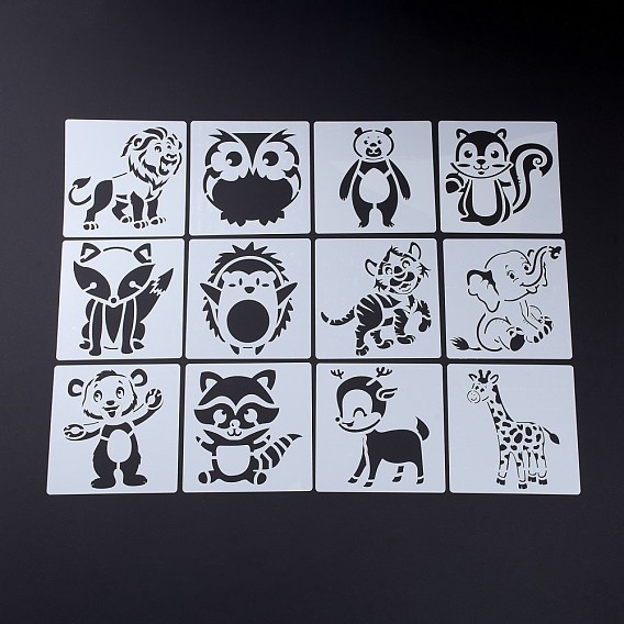 PET Drawing Stencil, Reusable Stencils for Paper Wall Fabric Floor Furniture Canvas Wood, Square with Mixed Animal Pattern