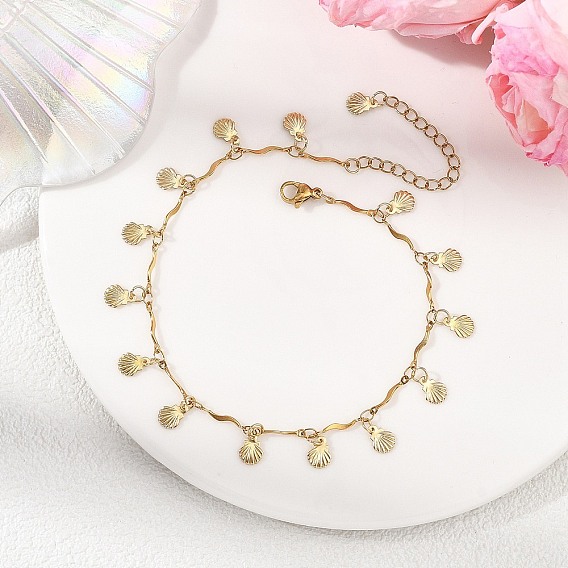 Océan 304 Bracelet de cheville en acier inoxydable avec breloque en forme de coquillage et maillons ondulés pour femme