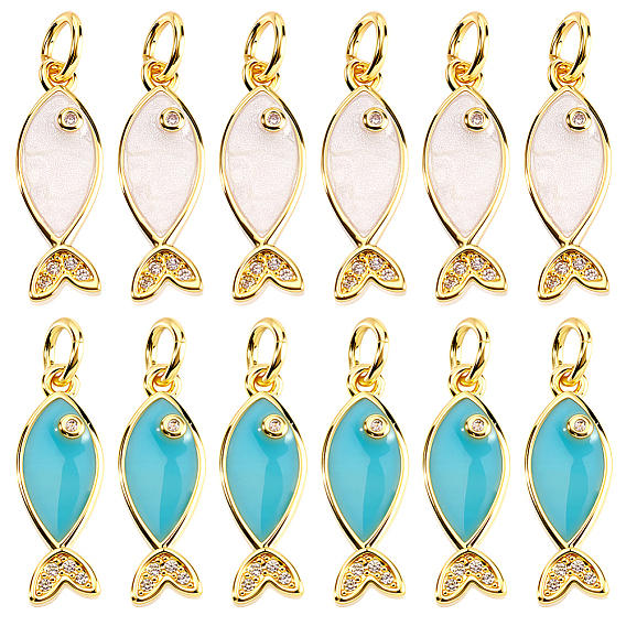 12шт 2 цвета латунные кубические циркониевые подвески, без кадмия, без никеля и без свинца, рыбы прелести, с целью перехода в кольце