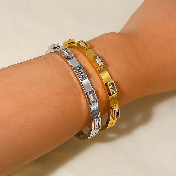 304 шарнирные браслеты из нержавеющей стали, Прозрачные браслеты с кубическим цирконием багетной огранки для женщин, кольцо