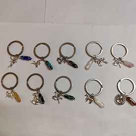 10 piezas 10 estilo bala colgante de piedras preciosas llavero, con colgante de caballo y unicornio de aleación de estilo tibetano y 304 llaveros divididos de acero inoxidable