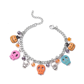 Halloween Skull Dyed Synthetic Turquoise Charm Bracelets, Stainless Steel Twisted Chain Bracelets for Women
