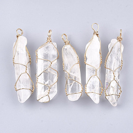 Cristal de quartz naturel gros pendentifs, avec les accessoires en fer, nuggets, or