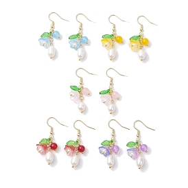 Natural Cultured Freshwater Pearl Dangle Earrings, Flower Glass & 304 Stainless Steel Earrings for Women