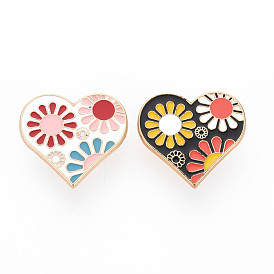 2Pcs 2 Color Heart Flower Enamel Pins, Alloy Brooches for Backpack Clothes, Light Gold, Nickel Free & Lead Free