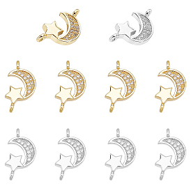 10Pcs 2 Colors Brass Micro Pave Clear Cubic Zirconia Connector Charms, Moon and Star