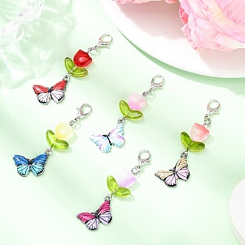 5 шт. подвесные украшения в виде бабочек из эмалевого сплава и стеклянных тюльпанов, Сплав с застежками когтя омара