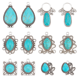 PandaHall Elite 12Pcs 6 Style Synthetic Turquoise Pendants, with Antique Silver Tone Alloy Findings, Mixed Shapes