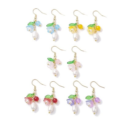 Boucles d'oreilles en perles de culture d'eau douce naturelles, verre à fleurs et 304 boucles d'oreilles en acier inoxydable pour femmes