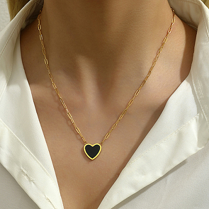 Natural Shell Heart Pendant Necklaces with Golden Stainless Steel Paperclip Chains