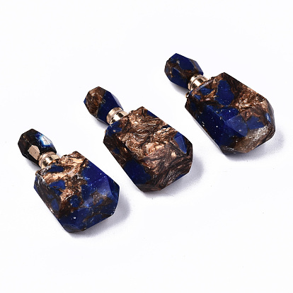 Assembled Synthetic Bronzite and Lapis Lazuli Openable Perfume Bottle Pendants, with Light Gold Brass Findings, Dyed