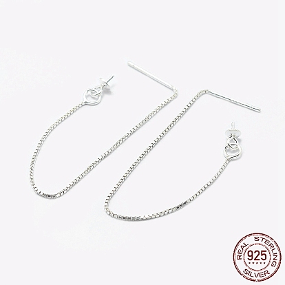 925 Sterling Silver Ear Stud Findings, with 925 Stamp, Ear Thread, with Box Chain & Cup Pearl Bail Pin