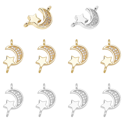 10Pcs 2 Colors Brass Micro Pave Clear Cubic Zirconia Connector Charms, Moon and Star