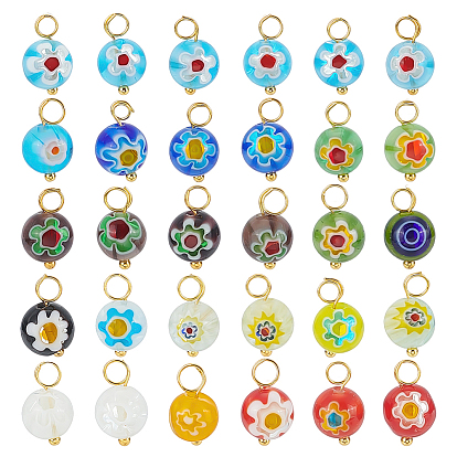 30шт. стеклянные подвески миллефиори, круглые, с петлей из золотистой латуни с шарообразными головками