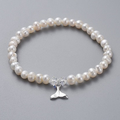 Natural Freshwater Pearl Beads Stretch Bracelets, with 925 Sterling Silver Charms, Austrian Crystal Beads and Cardboard Boxes, Fishtail Shape