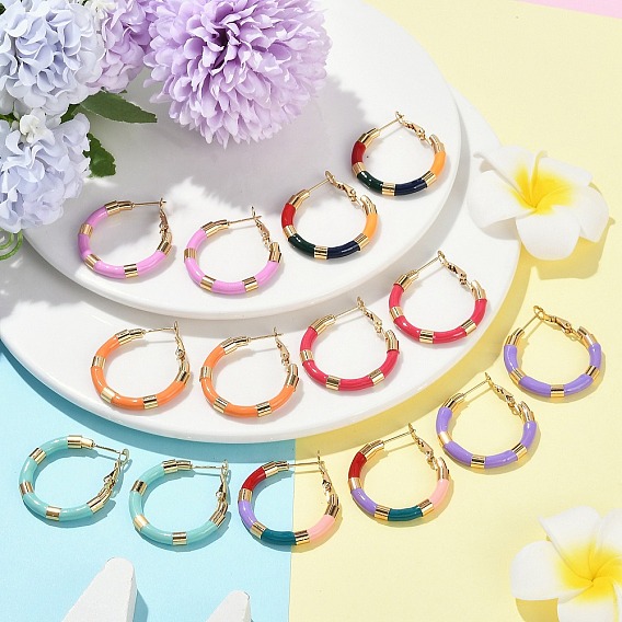 Вакуумное покрытие pvd 201 серьги-кольца из нержавеющей стали с эмалью для женщин, с 304 штифтов из нержавеющей стали, реальный 18 k позолоченный