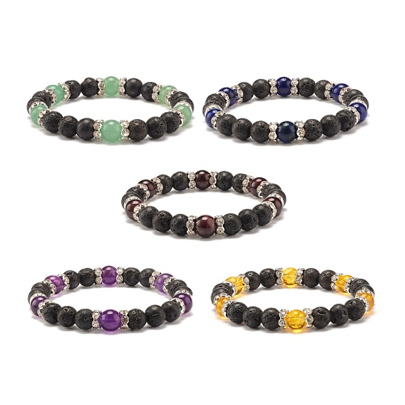 Pulsera elástica de roca de lava natural y cuentas de piedra, joyería de poder difusor de aceite para mujer